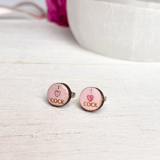 'I Heart Cock' Pink Circle Earrings